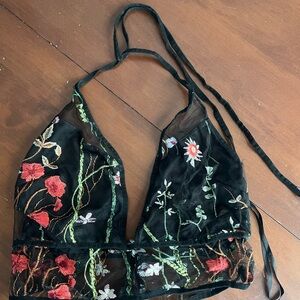 Sheer Black Floral Embroidered Halter Bralette